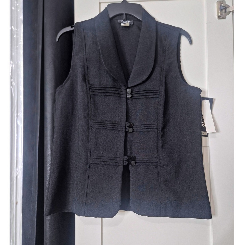 NWT Spago Womens Black Shawl Collar Button Front Pleated Tailored Vest Size 12